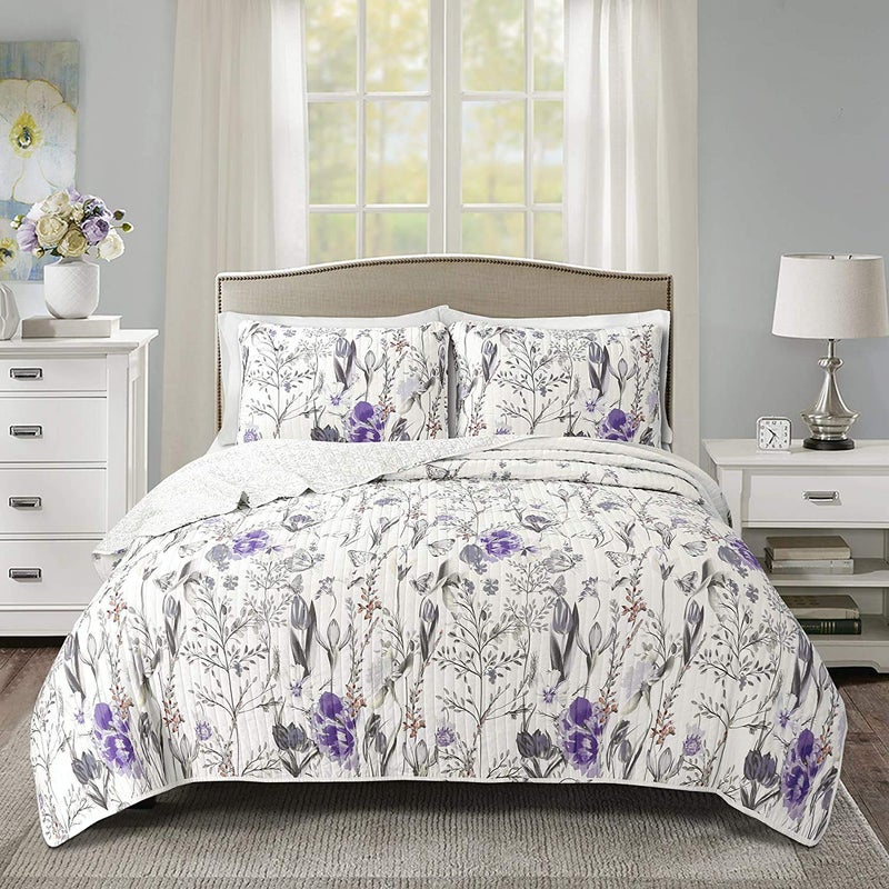Lush Decor Adalia Reversible Cotton Quilt Queen Size 3 Piece Set Full/Queen Purple & Gray - Floral Bedding Set Queen Quilt - Purple Quilts - Image 4